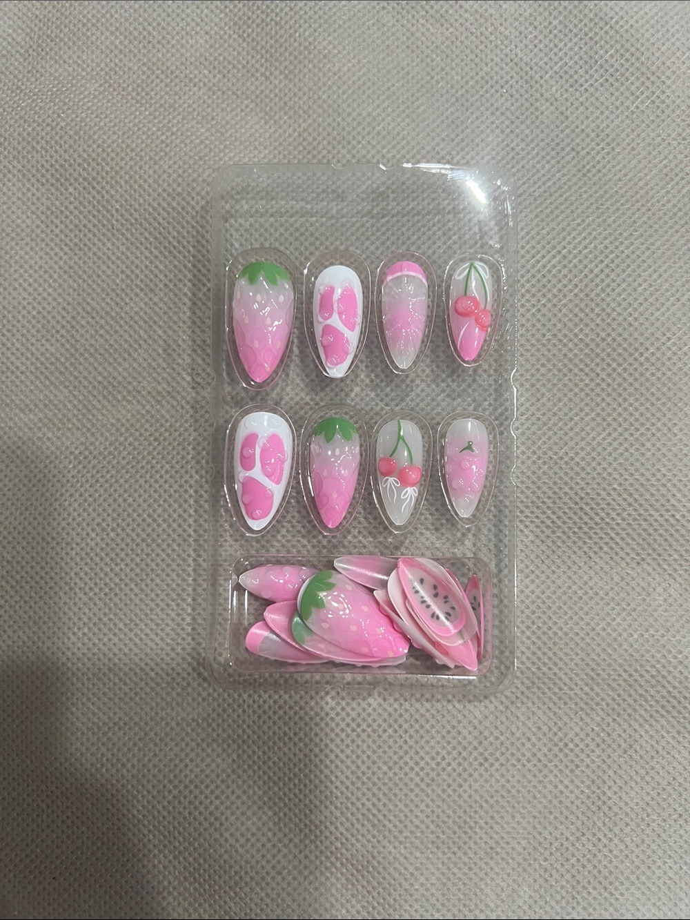 3D Pink Cherry Stiletto Press on Nails with White & Green Accents - Picture 2 of 3